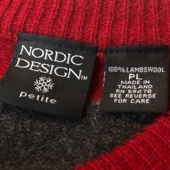 Nordic Design Snowflake Red Gray Stripe Lambswool Sweater Large Petite - Picture 4 of 4